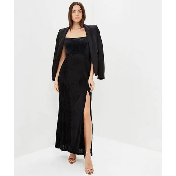 Free People Dresses & Skirts - Free People All I Need Ribbed Velvet Maxi Slip Dress Gown Thigh Slit Black Small